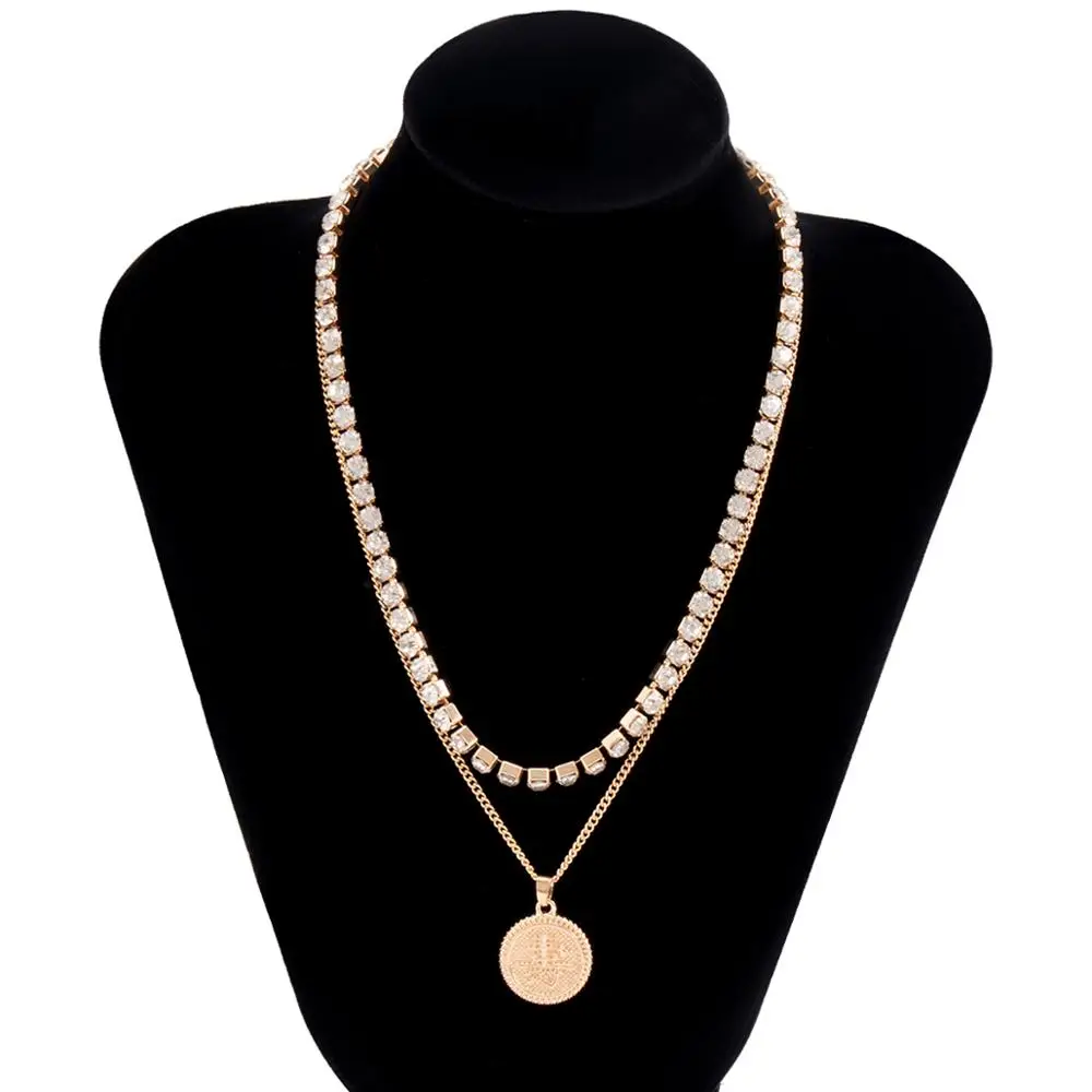 

2Pcs/Set Multilayer Crystal Carved Coin Pendant Choker Necklace Hip Hop Gold Color Portrait Rhinestone Chain Women Bar Jewelry