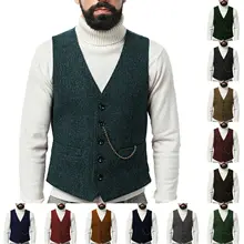 Gilet en Tweed pour hommes, gilet en laine, rétro, Vintage, à chevrons, formel, marié de mariage  (1)