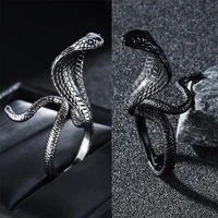 2021 new trendy 3d snake ring cobra shaped retro punk exaggerated open ring black and silver color adjustable jewelry gift