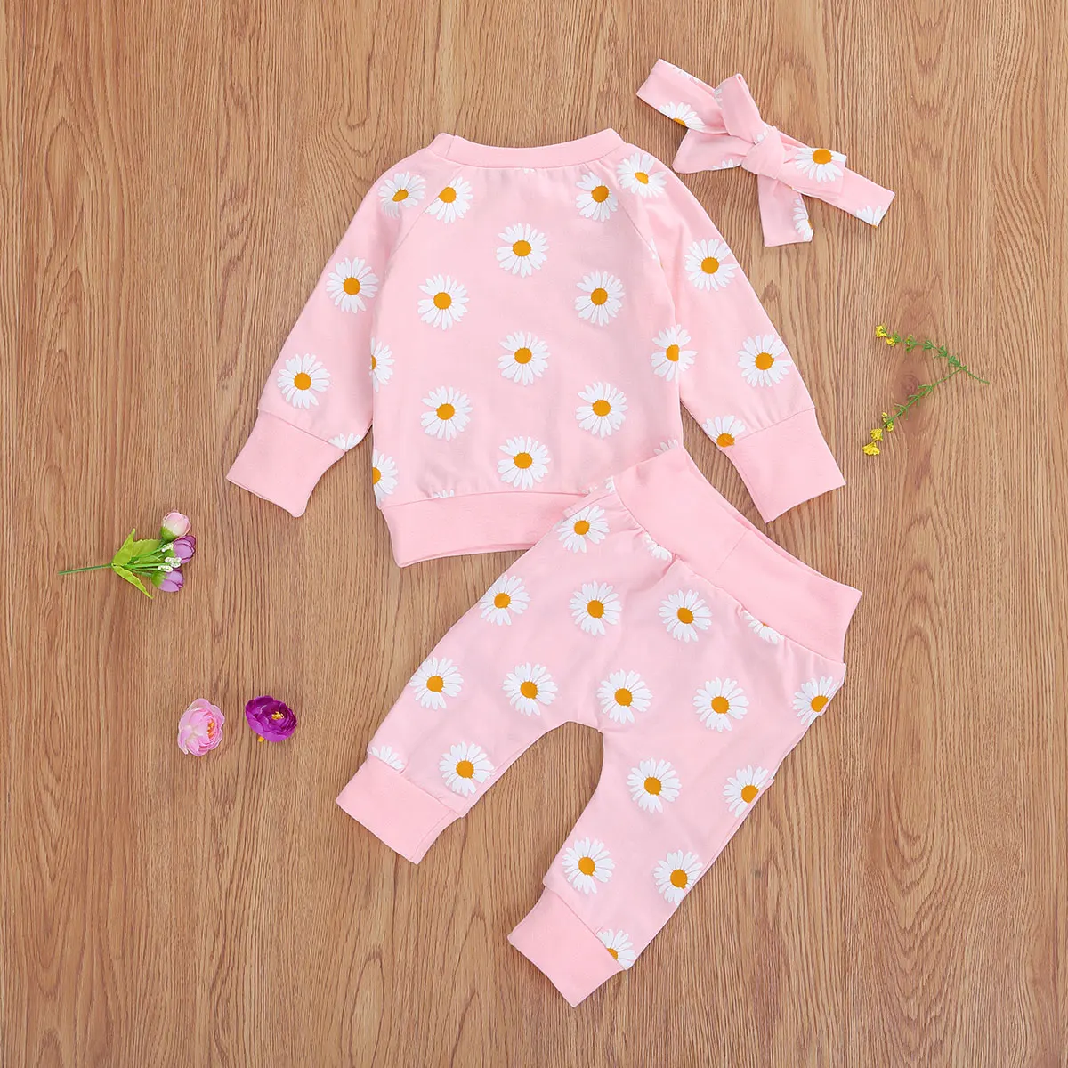 

Newborn Baby Girl Fall Clothes Cute Daisy Print Long Sleeve Pullover + Pants + Headband 3Pcs Outfits Set 0-24M