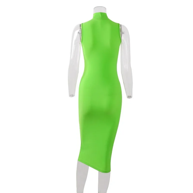 

FORERUN Women Neon Dress Turtleneck Long Dresses Sleeveless Bodycon Summer Dresses Sexy Fluorescent Solid Club Vestidos De Festa