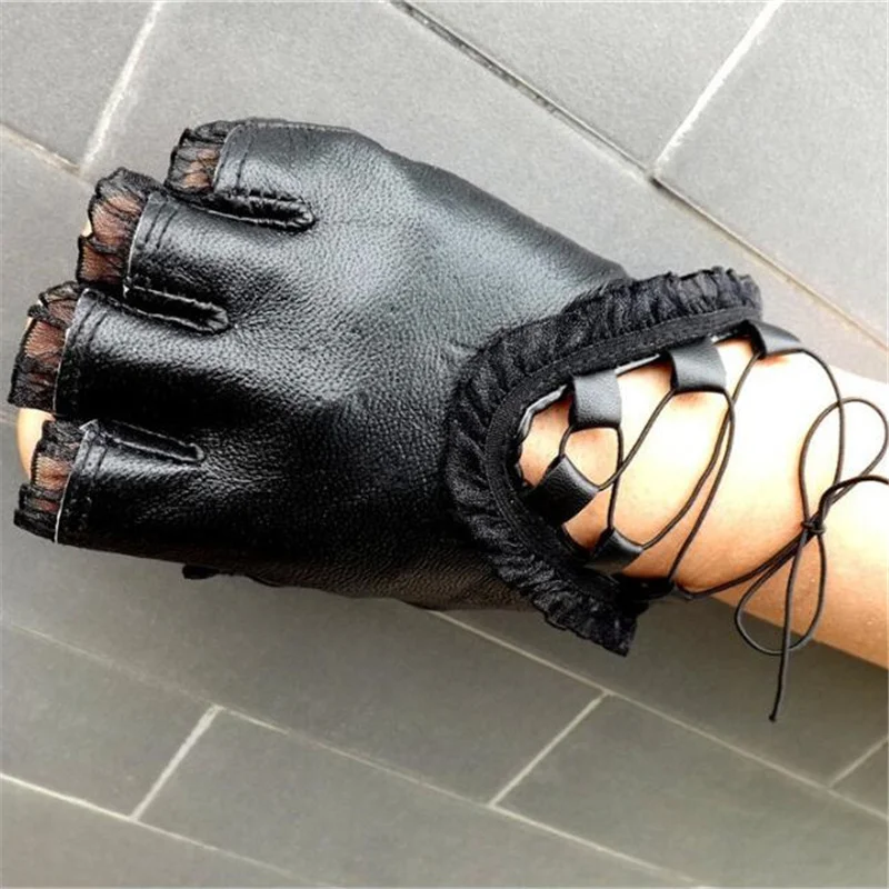 Женские перчатки из натуральной кожи черные с полупальцами оригинальные