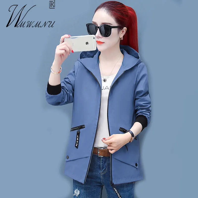 

Женские куртки с капюшоном, Весенняя Корейская легкая верхняя одежда, Женский Повседневный Свободный кардиган на молнии с большими кармана...