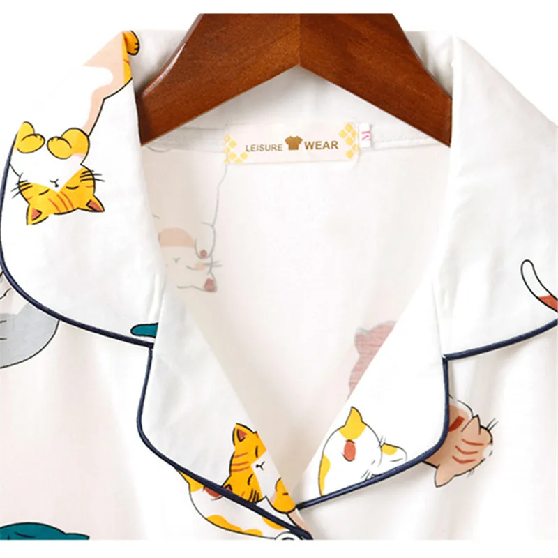 Женский пижамный комплект милый белый из хлопка с принтом кошки и коротким