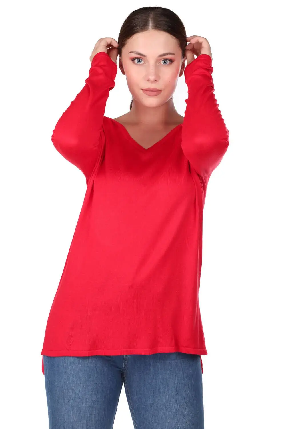 

Red V-Neck Women Knitwear Sweater