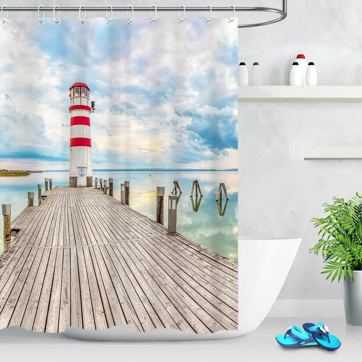 

Fabric Shower Curtain Set Seaside Wooden Walkway Lighthouse Bathroom Decor
