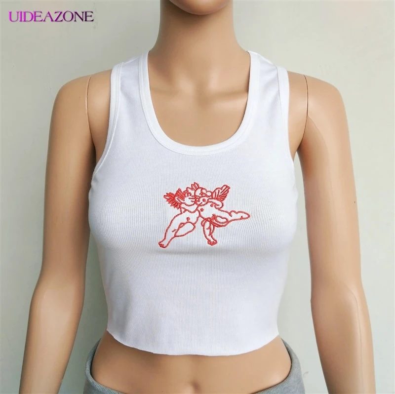 Женский укороченный топ без рукавов черный облегающий на бретельках с принтом