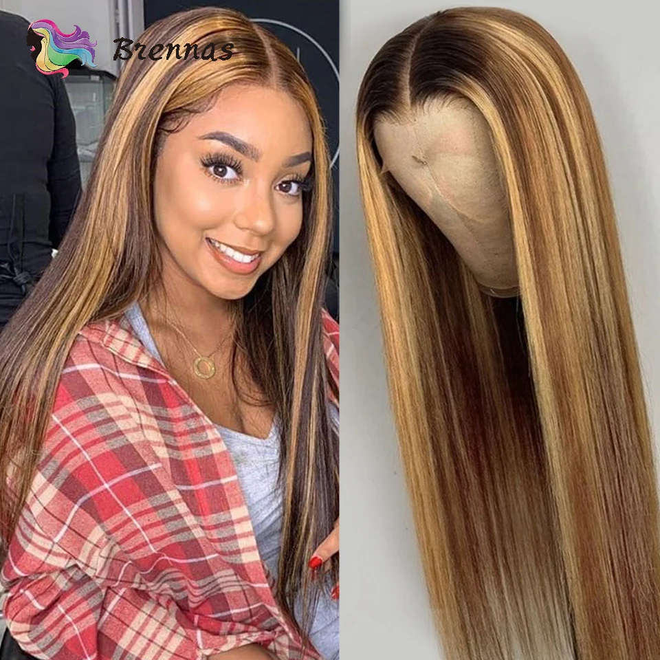 

Ombre highlight Straight human hair wig for woman honey blond 13*1 part lace wigs baby hair Brazilian Remy Hair Glueless wigs