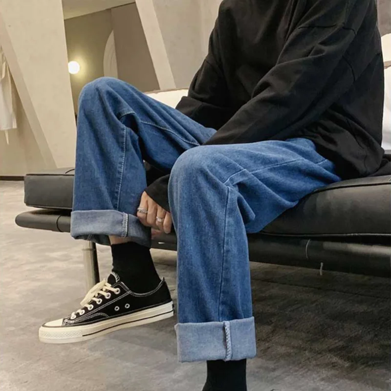 

Jeans Mens Boyfriend Denim Loose Plus Size Straight Trendy Autumn Trousers Ankle-length Leisure Blue Zipper Male Oversized Men