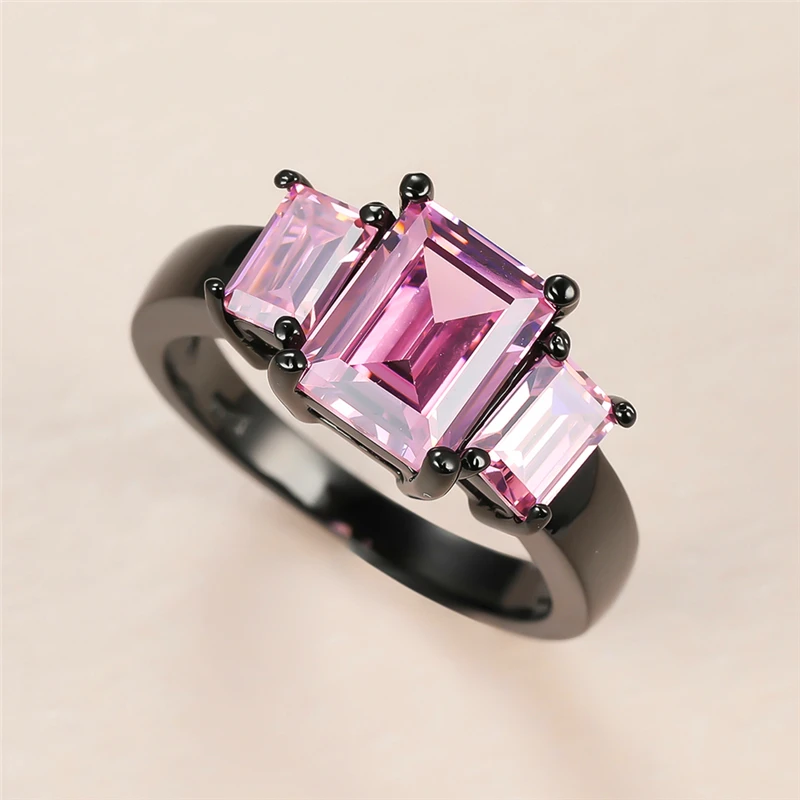 

Cute Female Pink Crystal Stone Ring Luxury 14KT Black Gold Wedding Rings For Women Dainty Bride Square Zircon Engagement Ring