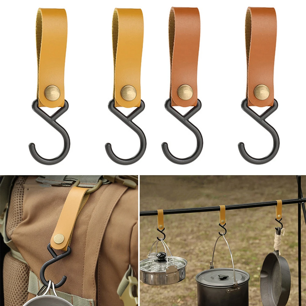 

S-Shaped Leather Hanging Hooks Triangle Storage Rack Shelf Hook Keychain Portable Outdoor Camping Hiking Hanger Camping Supplies