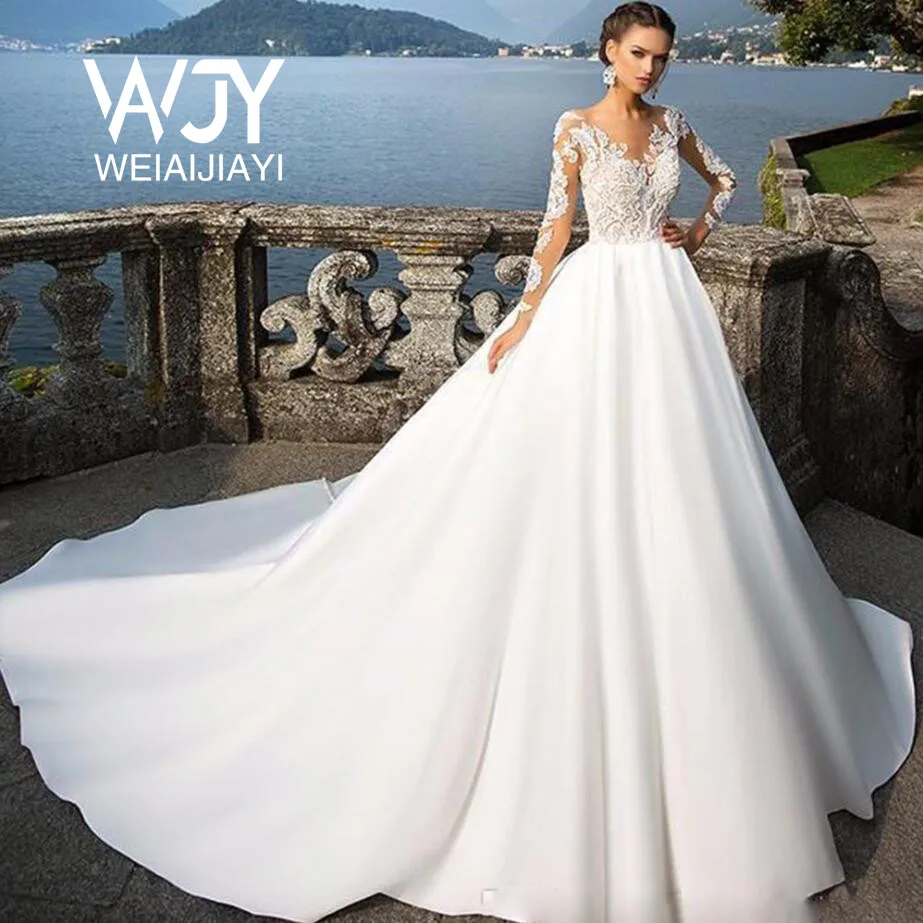 

Sexy V neck Europe Style Wedding Dress Vintage Lace Bride Dress Princess A Line Full Sleeves Appliques Closed Illusion Back