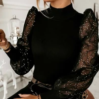 puff sleeve mesh transparent sleeve pullover tops shirts spring fashion women polka dot shirts knitted turtleneck thin sweater