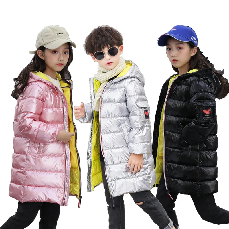 Sundae Angel Gilding Fabric Glossy Long Jacket Winter For Girls Hooded Warm Down Cotton Boys Outerwear Children's Parkas Coats