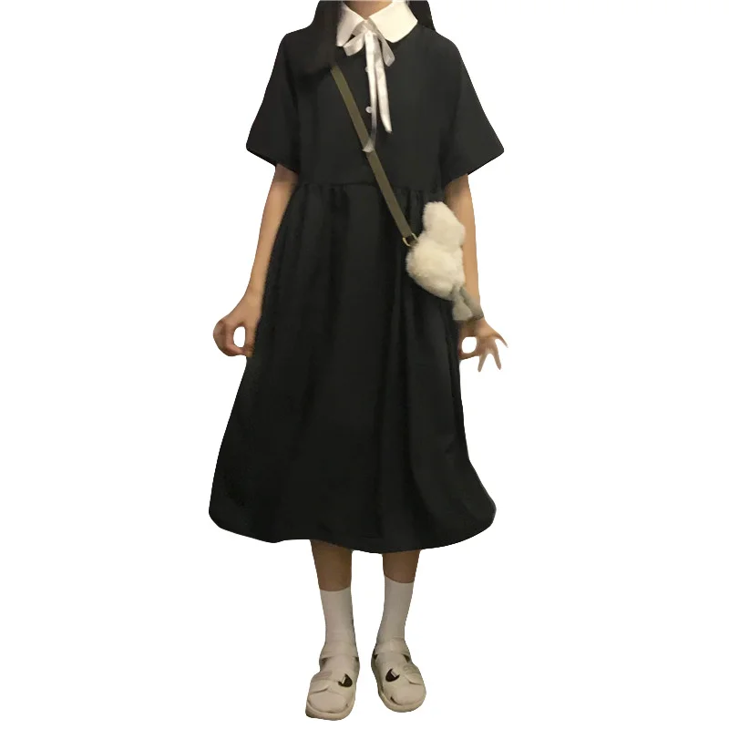 

Summer 2021 New Girl's Dress Female Student Japanese Long Dress Black Slimming Korean Style French Short Sleeve Dress Fashion