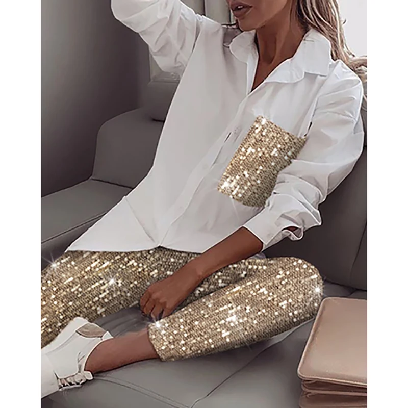 

Sequin Long Sleeve Top & Pant Sets Women White Shirt Sequined Pants Two Piece Set Spring Streetwear Casual Tracksuit