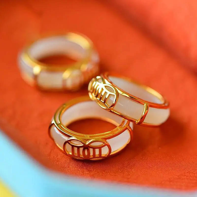 

Lucky Ring S925 Sterling Silver Gilding Lantern Ring Hetian Jade Safeness Ring Pendant Necklace Can Be Used as Ring Dual-Use Jew