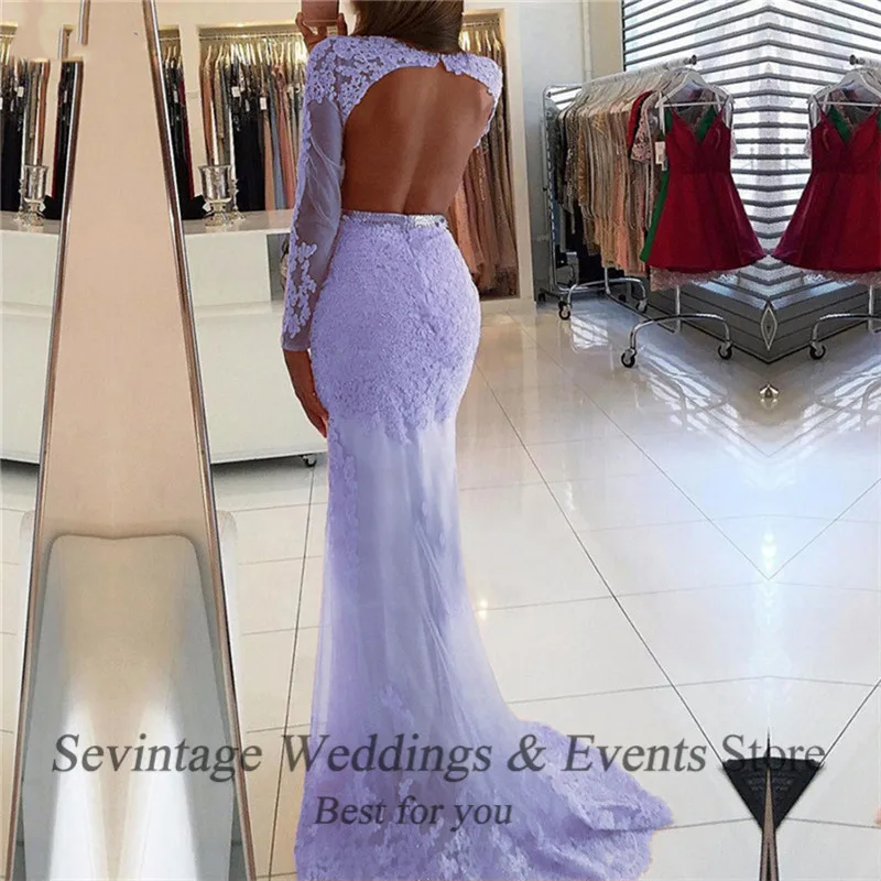 Sevintage Lavender Mermaid Lace Appliques Prom Dress Sheer Long Sleeve Backless Evening Party Gowns vestidos largos de fiesta | Свадьбы и