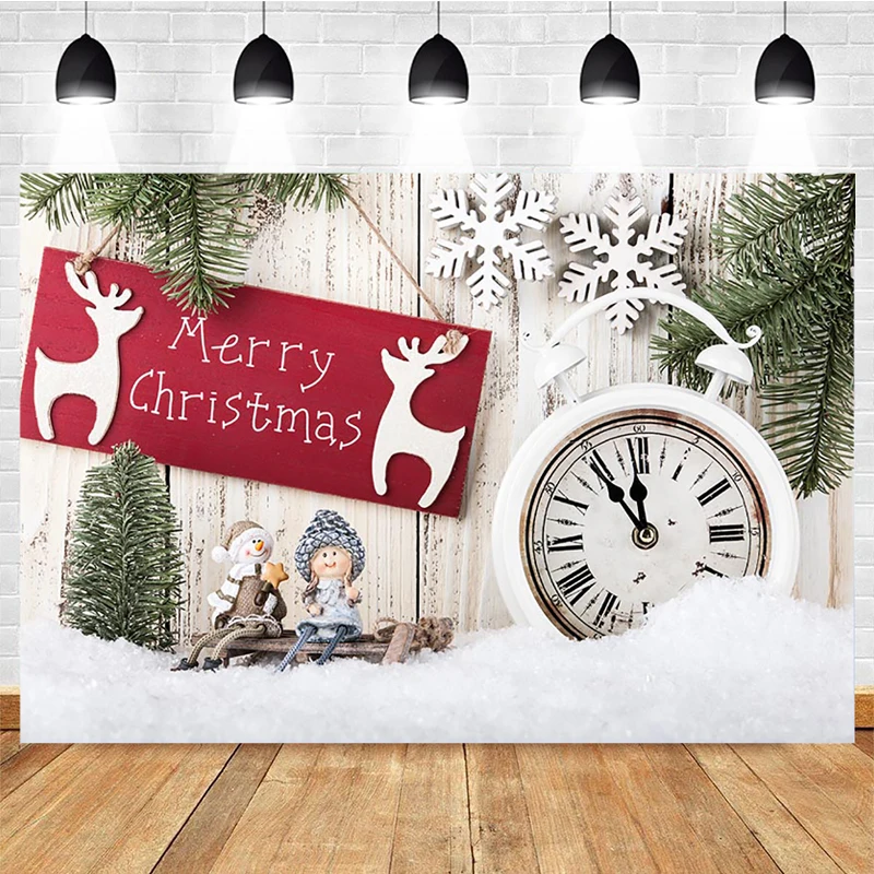 

Merry Christmas Photography Background Snowflakes Wooden Board Alarm Clock Elk Decoration Props Child Portrait Backdrop Banner