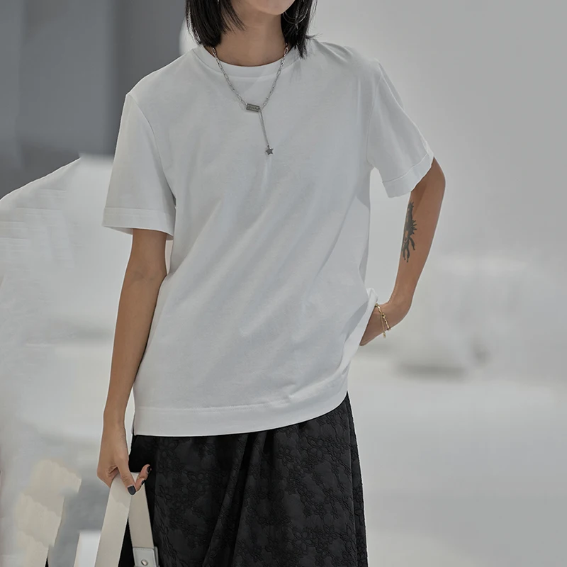 

[EAM] Women Purple Mulitcolor Slit Big Size T-shirt New Round Neck Short Sleeve Fashion Tide Spring Summer 2021 1DE00330