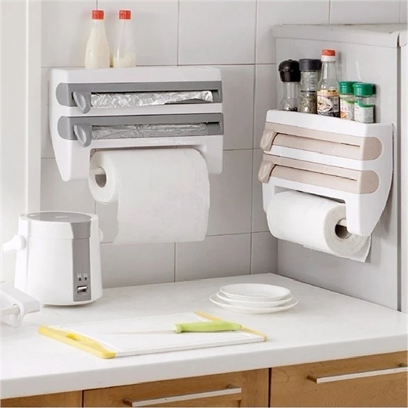 

Refrigerator Cling Film Rack Shelf With Cutting Device Cling Flm Storage Wall Hanging Paper Towel Holder Multifunction Racks Dec