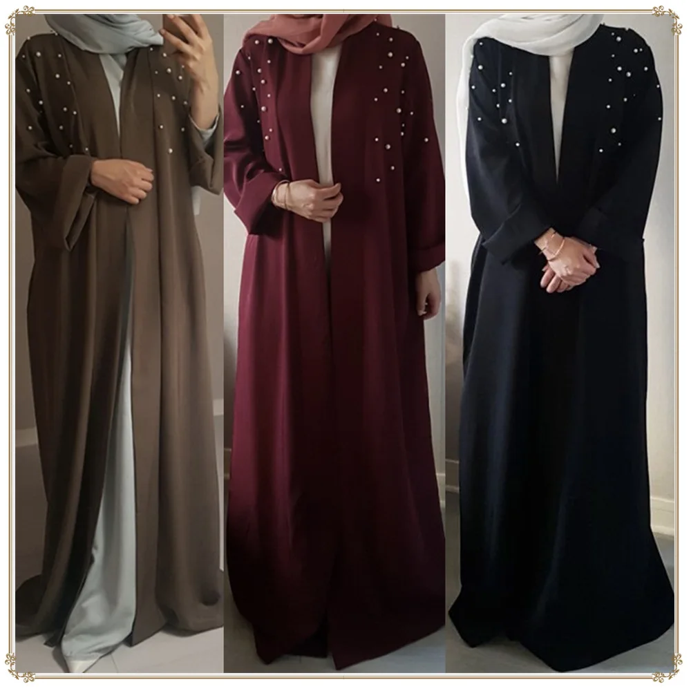 

Muslim Abaya Beading Dress Cardigan Pearls Tunic Long Robes Kimono Jubah Ramadan Arabic Turkish Thobe Islamic Prayer Clothing