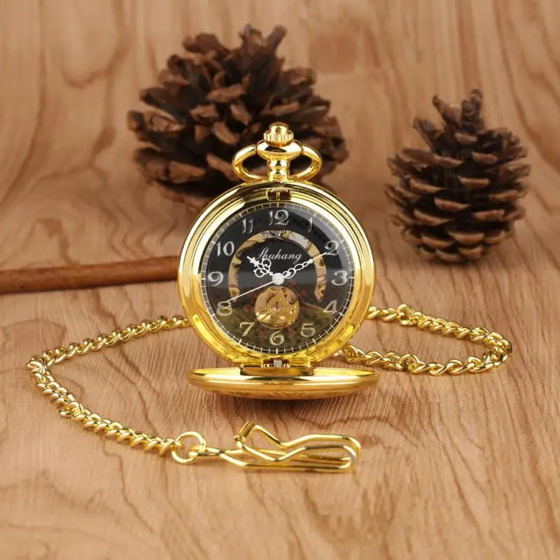 Luxury Yellow Gold Men Women Handwinding Mechanical Skeleton Pocket Watch Pendant Chain Clock Arabic Number Dial Watches Reloj