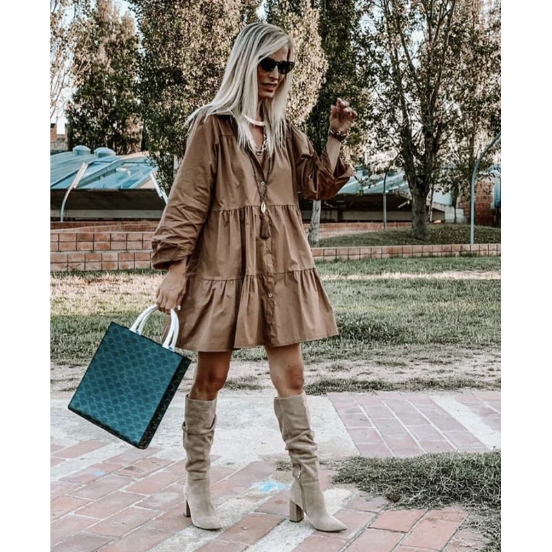 

Long Sleeve Dress Women Lapel Pleated Single Breasted A-Line Big Swing Summer Fashion Mini Dress Lugentolo