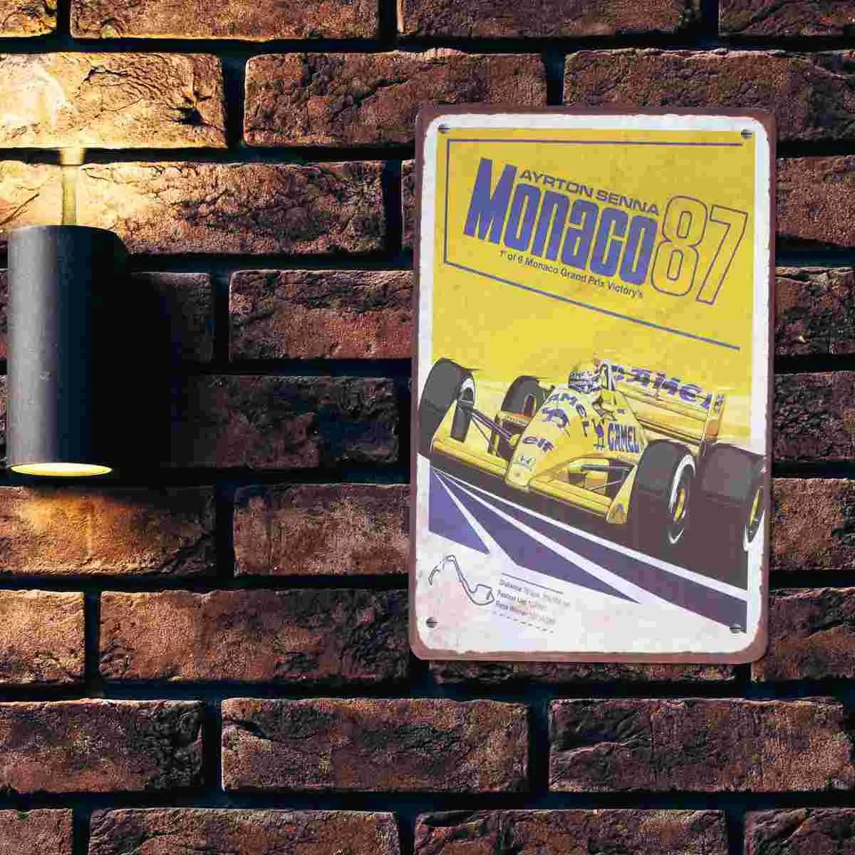 

1Pc Ayrton Senna 1987 Monaco Metal Sheet Decoration F1 Coffee House Metal Piece Painting Formula Racing Cafe Iron Plate Pub