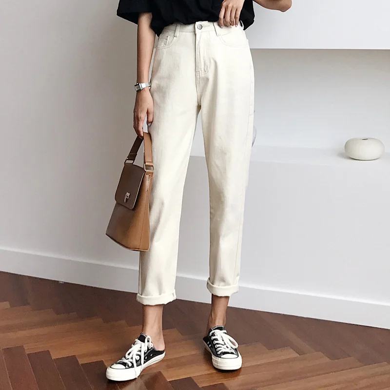 

Женские джинсы, весна 2022, модные белые шаровары в Корейском стиле, хлопковые джинсы с высокой талией, женские свободные повседневные джинсо...