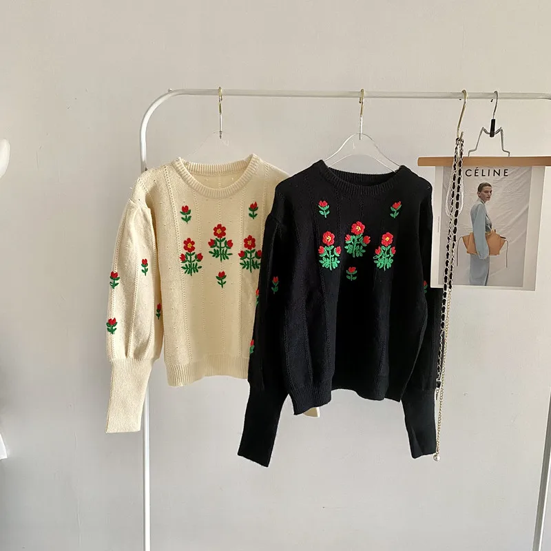 

Винтажный зимний свитер с вышивкой, Женский пуловер оверсайз, Корейская одежда в стиле Харадзюку, Свободный вязаный джемпер, кавайная трико...