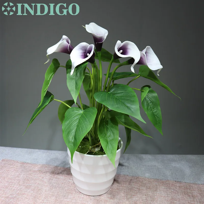 1 set with vase Индиго-фиолетовое сердце букет Калла(18 шт. листья+ 5 цветов) Настоящее прикосновение свадьбы Рождество дисплей искусственный цветок - Цвет: 1 set with vase