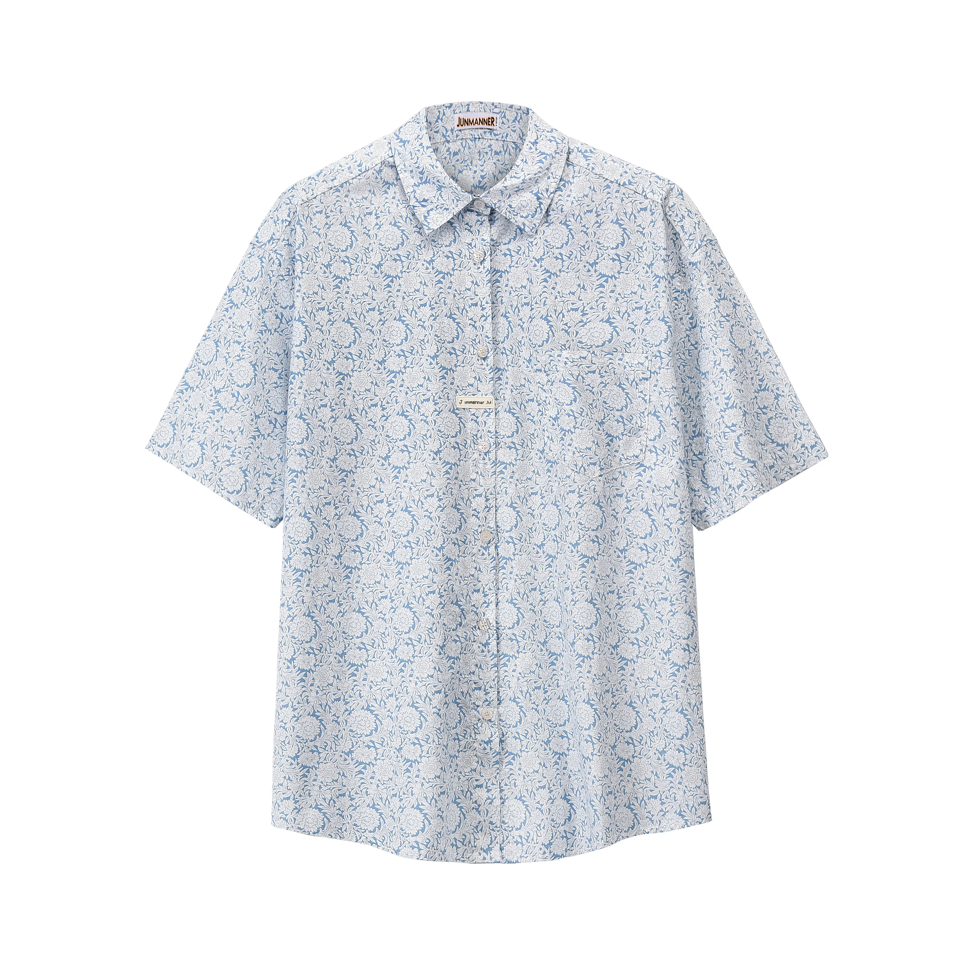 

short-sleeved shirt female 2021 summer thin section wind restoring ancient ways is blue flowers in loose long shirts