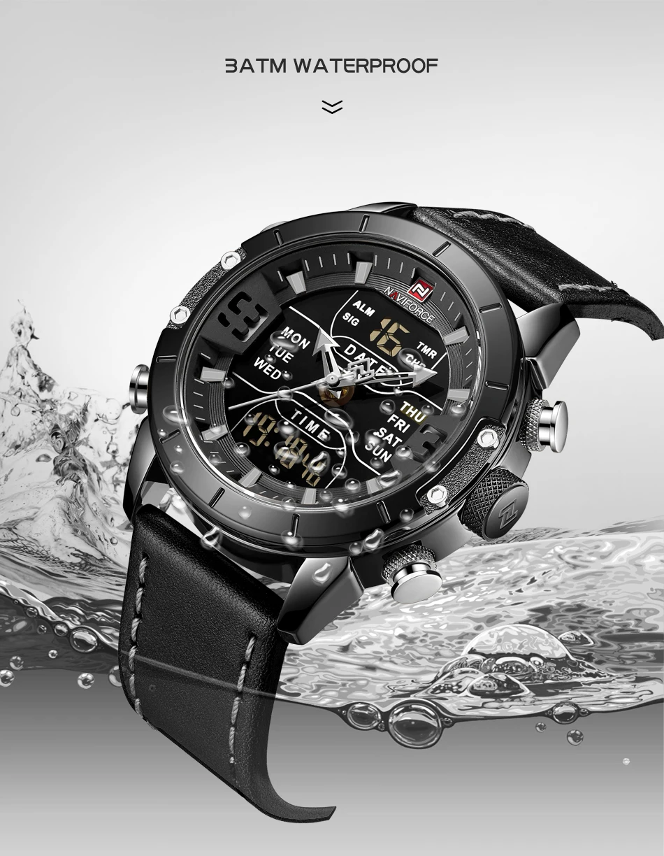 Для мужчин лидирующей марки Элитный бренд NAVIFORCE Для мужчин кожаные мужские кварцевые часы Аналоговые светодиодный цифровые часы Водонепроницаемый военные наручные часы