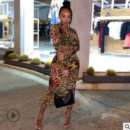 

Kliou сетки Farbic с леопардовым рисунком; Платья-макси со складками для женщин сексуальная прозрачная рюшами обтягивающие привлекательная Клуб...