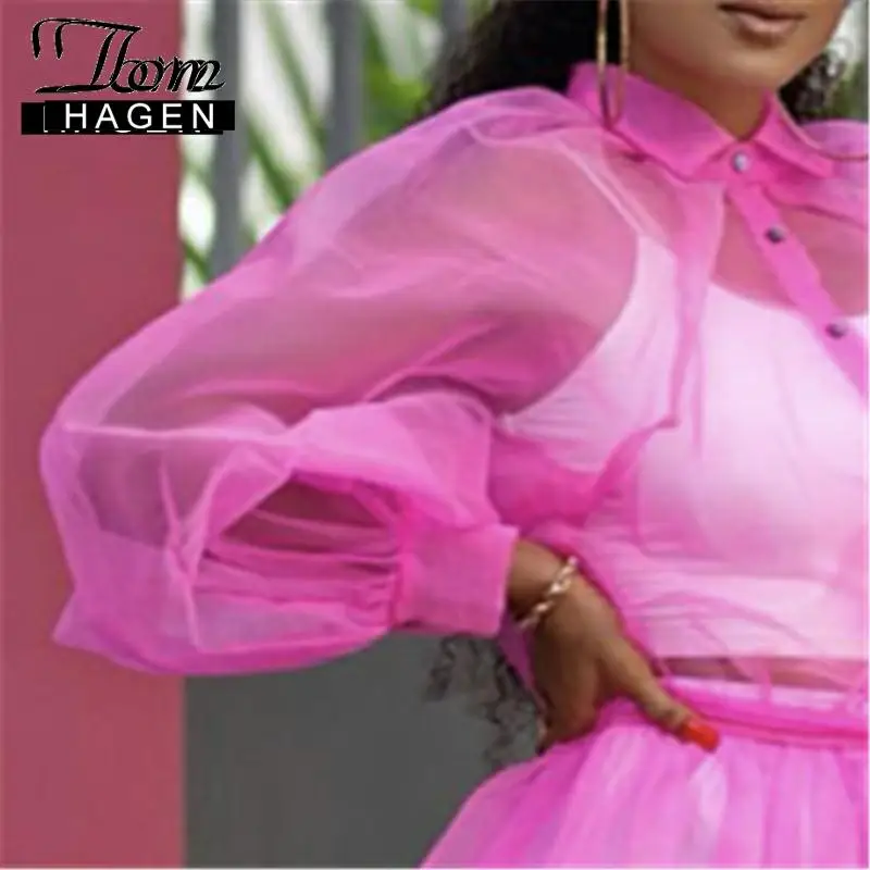 Женская прозрачная блузка Tom Hagen элегантная тонкая с рукавами фонариками большие