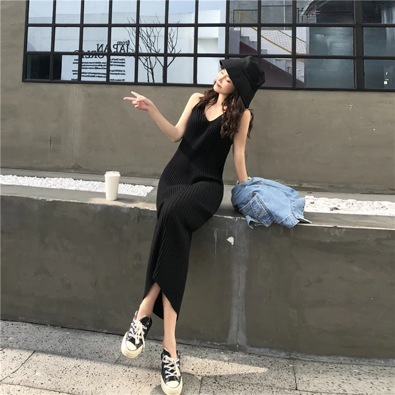 2021 летнее женское трикотажное тянущееся однотонное платье на бретелях с