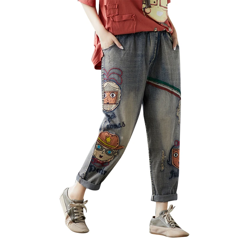 

Korea Art Style Fashion Women Jeans Elastic Waist Loose Hole Vintage Denim Harem Pants Cartoon Embroidery Ripped Jeans Pants