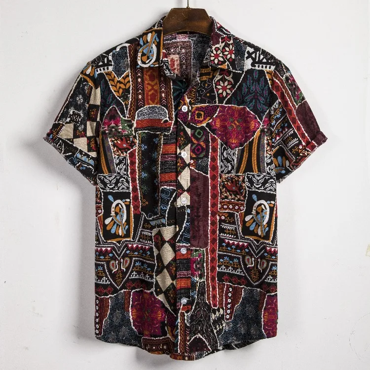 Рубашка Мужская льняная с коротким рукавом кардиган в этническом стиле
