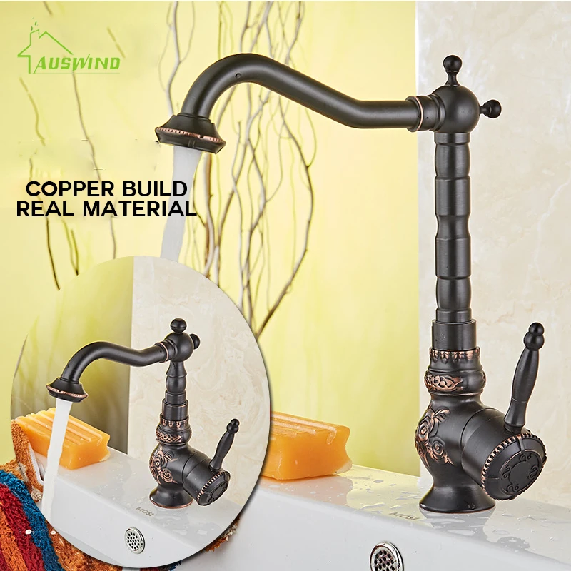 

Antique Kitchen Faucets Brushed Black Basin Faucets Swivel Carved Bathroom Tap Single Handle Sink Mixer Hot Cold Deck Mounted