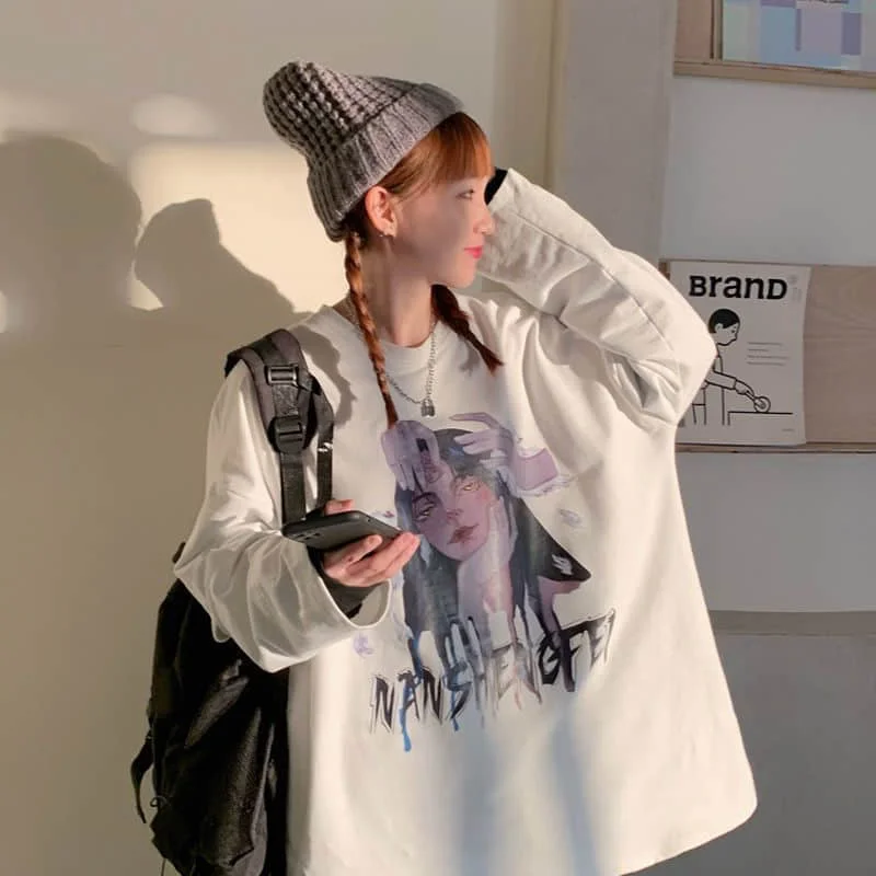 

Sweatshirts Men's And Women's Dark Street Trend Two Loose Long Sleeve Tops With Perforated Figure Print Stitching Streetwear