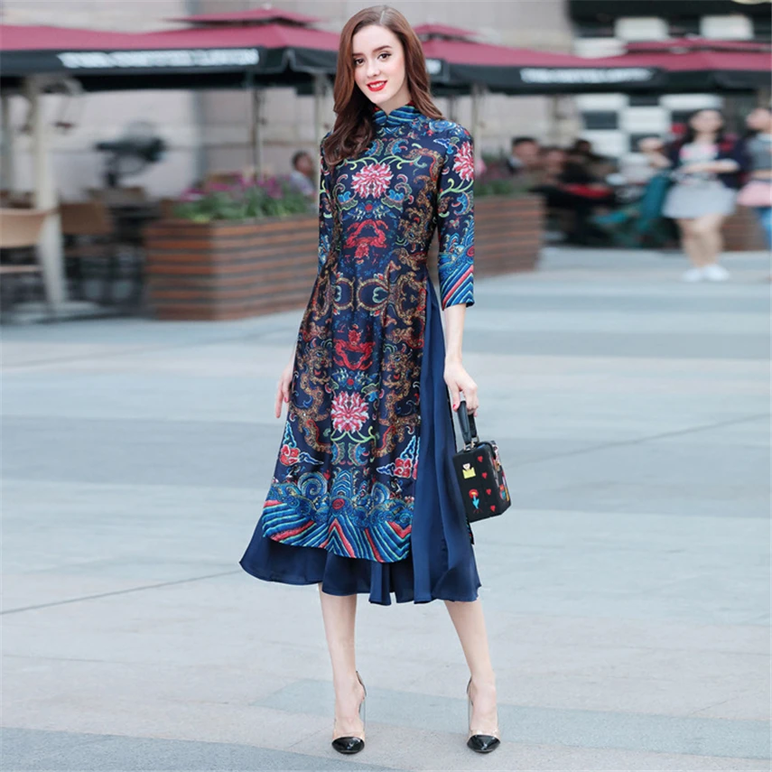 Благородное традиционное вьетнамское элегантное ретро платье Ципао с цветочным