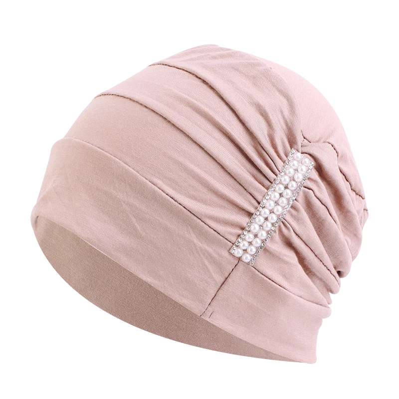 New Cotton Muslim Pearled Hijab Luxury Women Turban Soild Color Indian Hat Breathable Hair Care Bald Hair Loss Chemo Cap images - 6