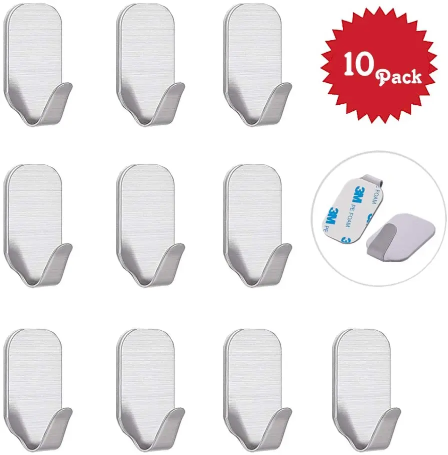 

Self Adhesive Hooks, Beeway Pack 10 Stainless Steel Adhesive Wall Hanger for Kitchen Bathroom Office Closet Waterproof