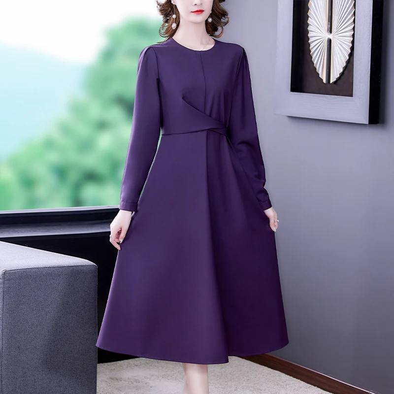 

Elegant Solid Evening Dresses 2021 Spring Autumn Long Sleeve Vintage Casual Midi Dress Women Slim New Fashion Purple Vestidos