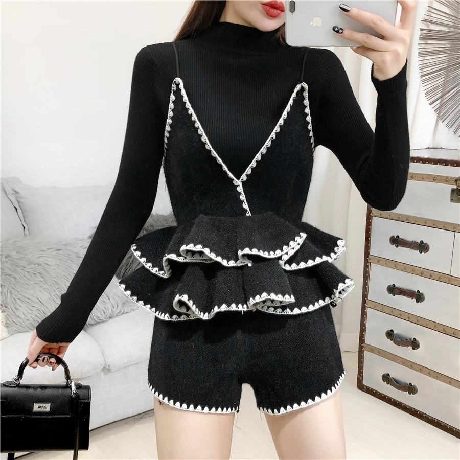 ALPHALMODA, вязаный свитер+ жилет с рюшами+ шорты, Женский Стильный костюм из 3 предметов, новинка, осенне-зимний модный комплект одежды