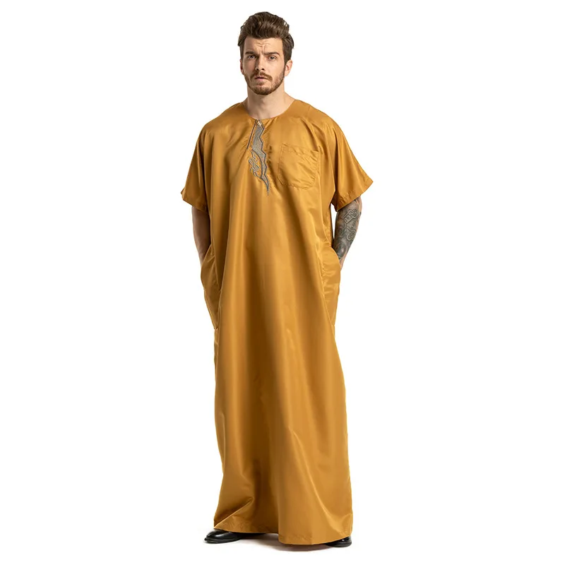 

Islamic Arabic Kaftan Men Half Sleeve Solid Color V Neck Muslim Clothes Vintage Casual Middle East Dubai Men Jubba Thobe