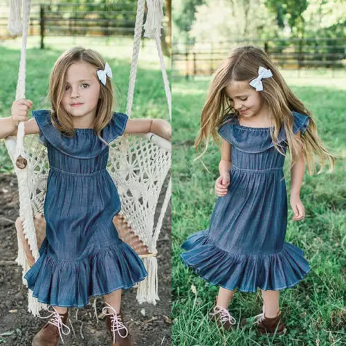 

2021 New Style Jeans Dresses Baby Girls Kids Princess Ruffles Off Shoulder Dress Beach Holiday Children Summer Outfits Clothes