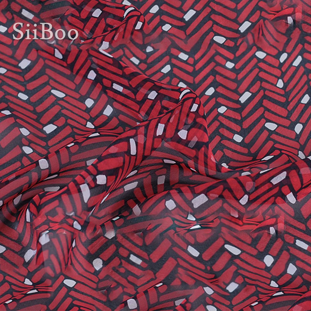 Американский стиль красный геометрический принт 100% натуральный шелк шифон ткань