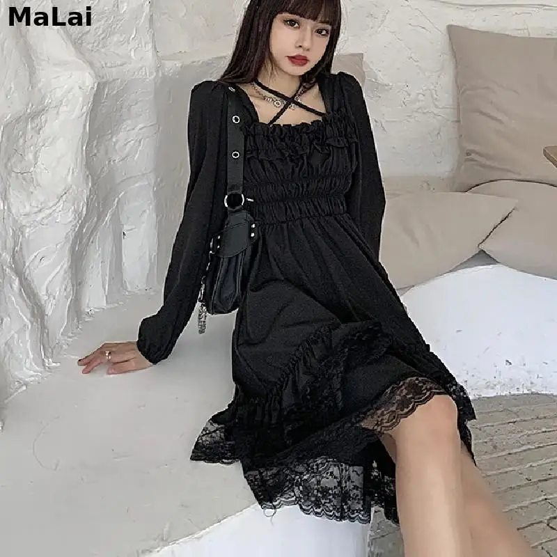 

New Gothic Women Black Fairy Party Dress Cute Kawaii Lace Ruffles Chic Dress Cross Square Collar Lolita Princess Irregular Dress